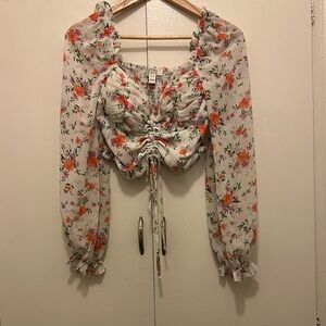 White and Cream Ruched Tie Front Long Sleeve Blouse